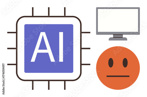 AI chip connected with neutral face and computer display illustrating technologys role in human emotions. Ideal for AI, machine learning, emotion analysis, tech ethics, innovation, digital
