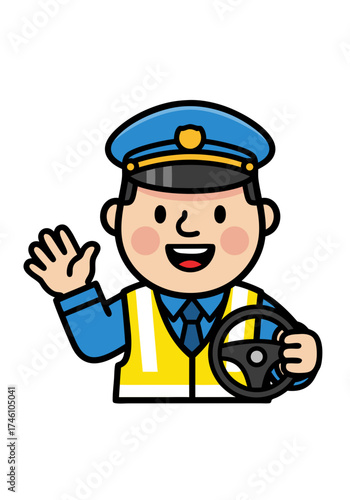 Cartoon illustration of a friendly driver in a blue uniform, waving with one hand while holding a steering wheel. The character exudes a cheerful and approachable demeanor on a white backdrop