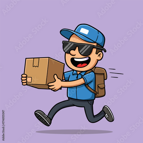 Cartoon delivery person in blue uniform and sunglasses runs cheerfully with a cardboard box, set against a light purple background.