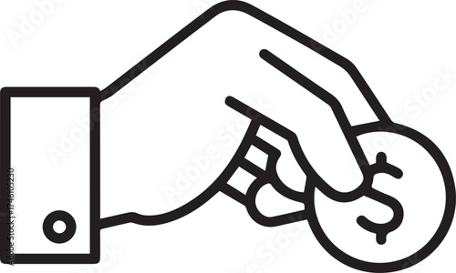 Simple, clean line art illustration of hand holding a dollar coin offering it, perfect for finance, investment, or donation concepts and designs with ease