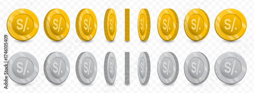 Peru Nuevo Sol, Animated Peruvian Sol Coin Rotation Sequence with Golden and Silver Design
