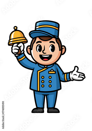 A delightful cartoon bellhop character cheerfully presents a golden bell. Dressed in a crisp blue uniform with a matching hat, he stands against a clean white background, embodying friendly