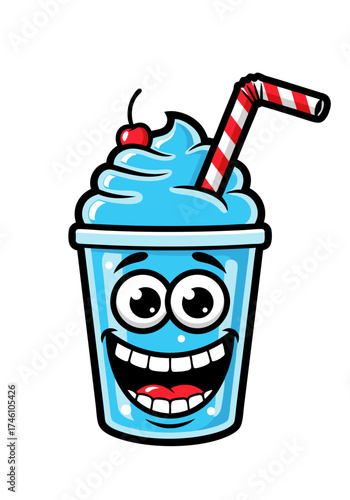A cheerful blue slushy cartoon character with a red striped straw and a cherry on top, set against a clean white background. A cute and funny vector illustration of a refreshing beverage mascot