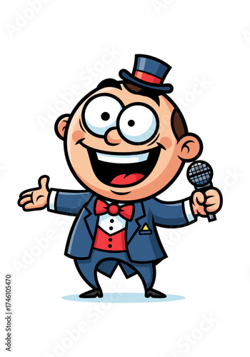 A cute cartoon mascot of a cheerful announcer in a blue suit with a red bowtie, holding a microphone and wearing a top hat. Isolated on a white background, it's a joyful vector illustration