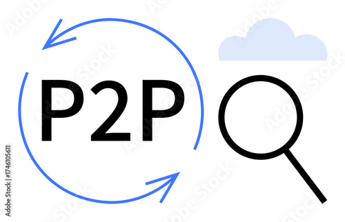 Large P2P text with circular arrows, a magnifying glass, and a cloud. Ideal for collaboration, sharing economy, networking, search, connectivity data transfer analysis. Simple flat metaphor