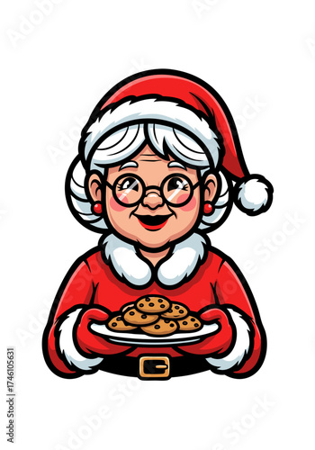 Delightful cartoon mascot of a cheerful grandmother holding a plate of chocolate chip cookies. She is dressed in a red and white festive outfit with a Santa hat set against a clean white background