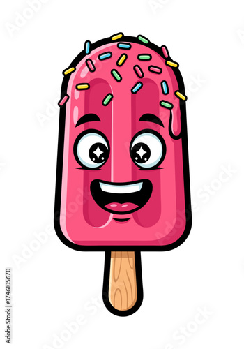 A cheerful pink popsicle cartoon character with colorful sprinkles, set against a clean white background. This sweet treat features a happy smiling face and a wooden stick handle