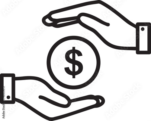Secure your financial future with careful money management, featuring hands protecting a dollar coin in a modern, minimalist, vector style symbol