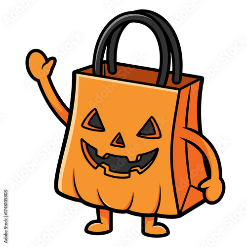 A cheerful orange Halloween jack o lantern bag cartoon character with black handles is waving. This vector mascot illustration is perfect for holiday designs
