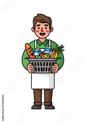A pixel art illustration of a grocer carrying a basket full of food items. The grocer is wearing a green shirt and a white apron. The basket contains bread, milk, cheese, fruits, and vegetables