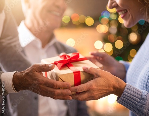 Gift exchange moment, focus on hands and emotions