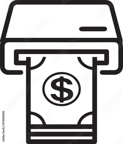 Simple ATM icon depositing dollar bill for financial services or business transactions, representing cash withdrawal and currency exchange, originally a scalable vector graphic