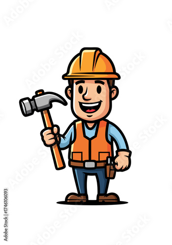 Cartoon builder illustration featuring a smiling construction worker in a hard hat and safety vest holding a hammer, rendered in a clean vector style. Perfect for construction, mascot, or