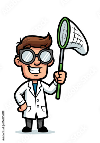 A smiling cartoon scientist with round glasses and a white lab coat is holding a green net. The background is white and the illustration is vibrant