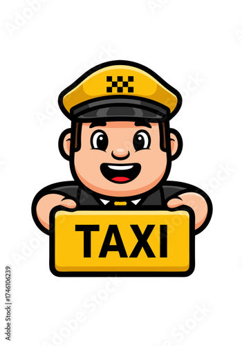 A cute pixel art style cartoon illustration featuring a smiling taxi driver holding a yellow sign with the word "TAXI" on a clean white background