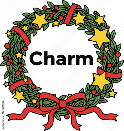 Festive Christmas wreath adorned with stars and a red bow, featuring the word "Charm"