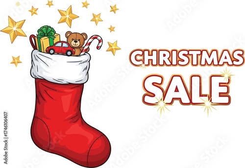 Festive Christmas stocking overflowing with gifts and holiday cheer, promoting a seasonal sale.
