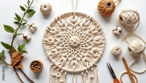 Handwoven macrame wall hanging with intricate circular pattern surrounded by natural decorative elements including leaves cotton balls and wooden sticks on white background