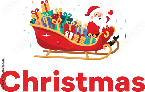 Jolly Santa Claus rides in a festive sleigh overflowing with colorful gifts, spreading holiday cheer.