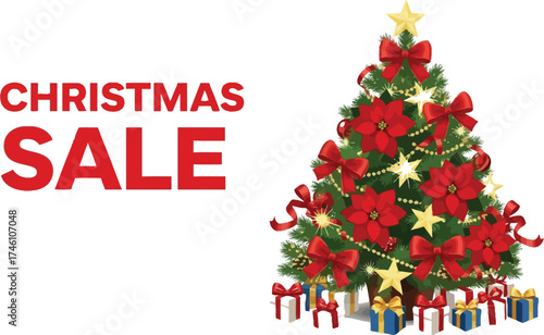 Festive Christmas tree adorned with bows and ornaments, ready for holiday sale promotions.