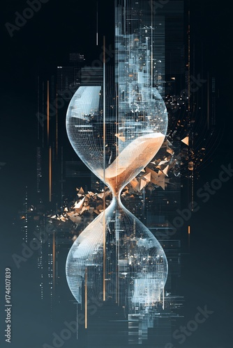 Digital hourglass with exploding golden particles, representing data, time, and technological transformation against a dark grid background.