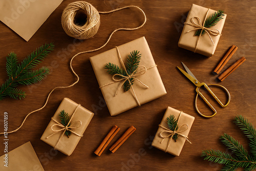 Flat lay Christmas gift wrapping scene featuring kraft paper, pine branches, twine, and golden scissors on a rustic wooden table. Ideal for holiday DIY projects, marketing, and festive design concepts