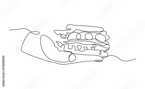 continuous one line of people hand holding delicious sandwich burger fast food or junk food. Sketch drawing editable stroke concept vector illustration for meal cafe or restaurant