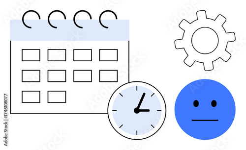 Calendar, clock, gear, and neutral face reflecting scheduling, efficiency, and mood equilibrium. Ideal for management, organization work-life balance deadlines teamwork strategy planning. A