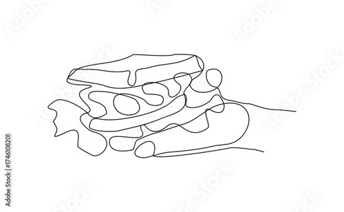 continuous one line of people hand holding delicious sandwich burger fast food or junk food. Sketch drawing editable stroke concept vector illustration for meal cafe or restaurant
