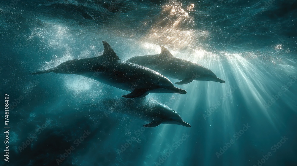 Fototapeta premium Three dolphins swim through the ocean with sun rays piercing the water