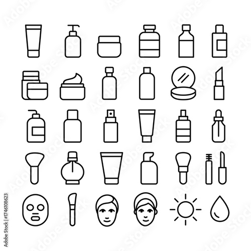 Cosmetics, Beauty and Skincare Icon Set in monoline vector style.