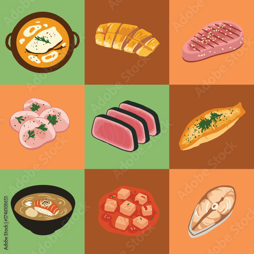 set illustration vector graphic of various dishes made from fish meat