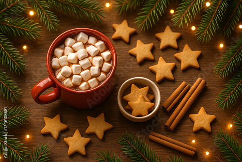 Warm and cozy top view of hot chocolate with marshmallows, star-shaped Christmas cookies, pine branches, and cinnamon sticks on a rustic wooden background.