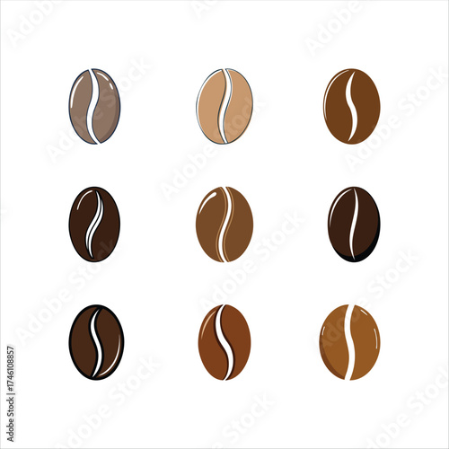 Nine coffee beans of varying shades and tones, arranged in a three-by-three grid, isolated on white.