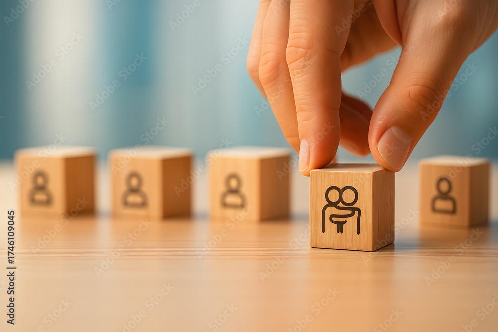 Naklejka premium Hand Picking Wooden Block with Teamwork Icon for Business and HR Concept