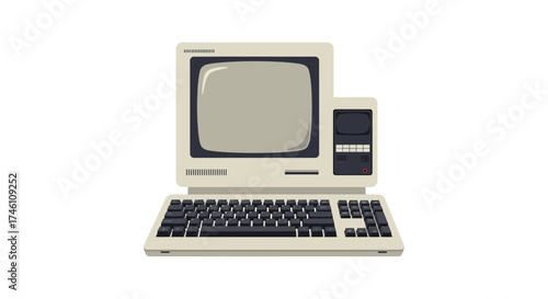 Vintage computer system with crt monitor keyboard and tower unit showing retro technology and computing history