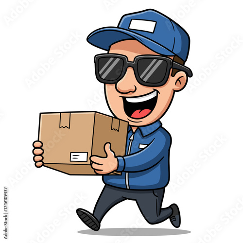 Cartoon delivery person in blue uniform and sunglasses smiles while holding a cardboard box, walking briskly against a white background.