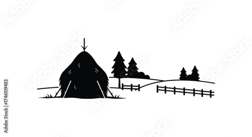 Rustic winter landscape silhouette with hay bale evergreen trees and fence detailed line art style