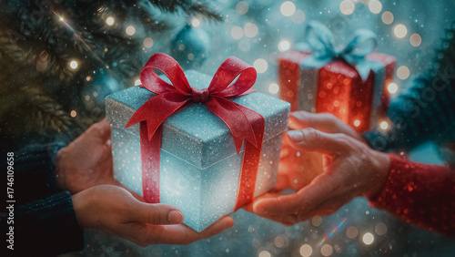 Hands tenderly exchange beautifully wrapped gifts beneath the soft glow of holiday lights, celebrating the season of giving, generosity, and joy.