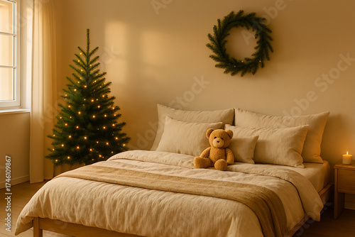 Peaceful Christmas bedroom interior with warm morning sunlight, neutral bedding, a simple decorated pine tree, and a pine wreath on the wall.