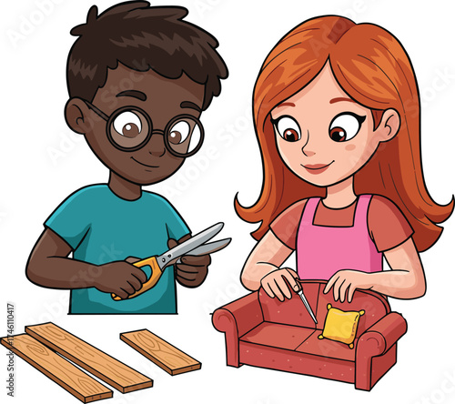 Children crafting DIY furniture, teamwork activity, sewing pillow, cutting wood, creative classroom project, handmade decor, educational art, cartoon illustration