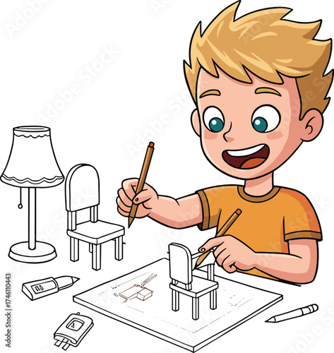 Child building miniature furniture, creative DIY activity, kids sketching chair, drawing tools, early engineering, classroom craft, hands-on learning, design skills