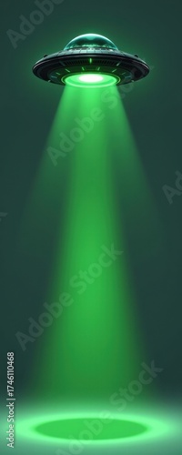 Extraterrestrial spaceship with glowing green light beam descending from the sky, flying saucer with bright illumination in a dark cloudy night sky