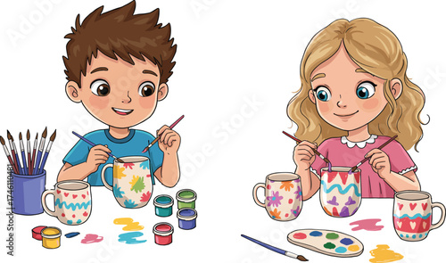Children painting ceramic mugs, creative kids activity, DIY art project, colorful pottery, classroom craft, teamwork, learning, fun, handmade design