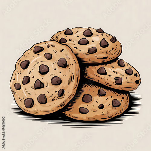 Hand drawn illustration of chocolate chip cookies stacked together
