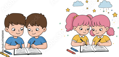 Children drawing together in classroom, teamwork activity, boys and girls with crayons, creative learning, school art, educational illustration, vector