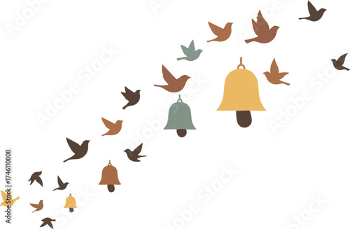 Minimalist illustration of bells with flock of birds on a white background