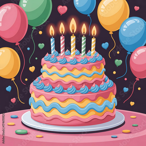Colorful two tier birthday cake with candles and balloons