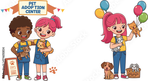 Cartoon children adopting pets at animal shelter, happy kids with puppy, kitten, bunny, balloons, teamwork, compassion, colorful vector illustration