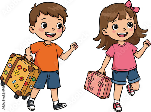 Cartoon children walking with suitcases, travel kids illustration, vacation journey, cheerful boy girl, luggage clipart, family trip vector art